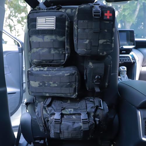 Universal Tactical Seat Back Organizer Vehicle Molle Panel Organizer Storage Bag with 5 Detachable Molle Pouch for All Vehicel Such as Jeep,Truck,SUV, Car, Ford,Chevy etc - color: A model-Black Camo