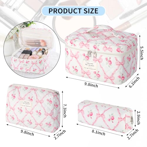 senbowe Floral Makeup Bag, 3 Pack Large Cotton Quilted Pink Bow Makeup Bag Set, Cute Floral Coquette Aesthetic Toiletry Bag Make Up Cosmetic Bag for Women, Toiletry Travel Make Up Organizer Bag - color: Pink Bow