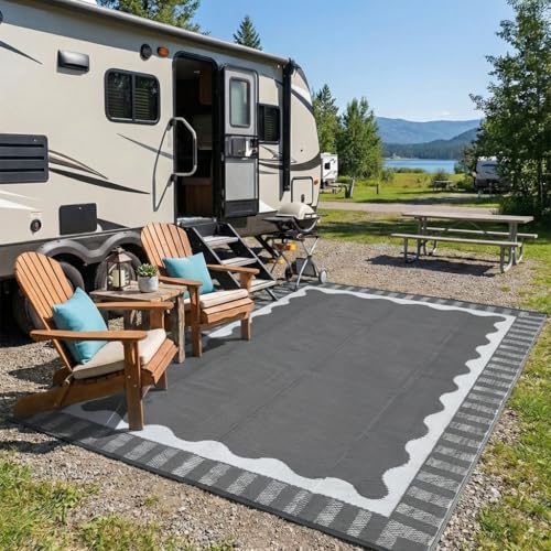 Garvee Large Scalloped Outdoor Rug 8x10 Patio Rugs Outdoor Waterproof, Reversible Plastic Straw Camping Rug, Modern Bordered Outside Mats for Picnic Backyard Deck Balcony Beach Trailer, Grey - color: Bordered|grey, size: 8' x 10' (Rectangular)