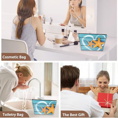 Beach Starfish Cosmetic Bag Coastal Blue Wooden Makeup Bags,Travel Make up Bags for Women Girls Cute Zipper Pouch Toiletry Organizer Bag Travel Essentials - color: Beach Starfish