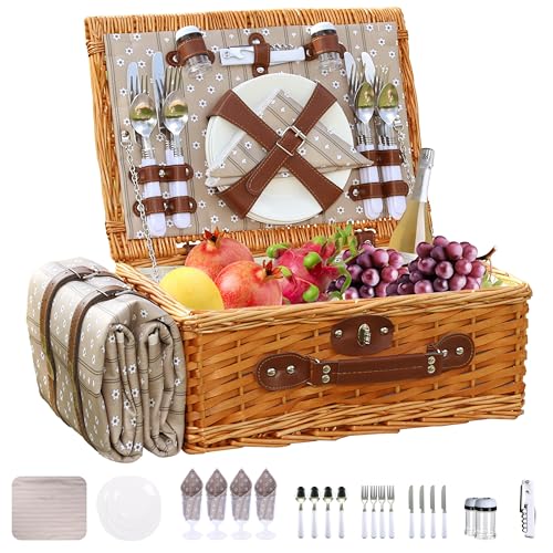 Picnic Basket Set for 4 with Waterproof Blanket Mat Insulation Bag Wicker Floral Brown Classic Fresh for Christmas Thanksgiving Wedding Birthday Camp Outdoor Beach Travel - color: Brown and White Flower