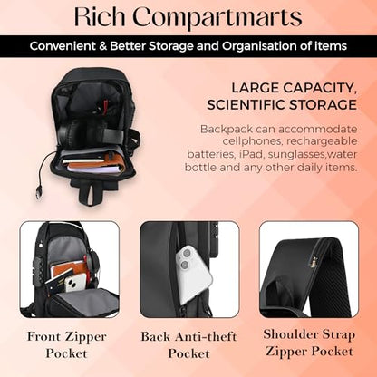 Unisex Anti-Theft Sling Bag with USB Port, Water-Resistant Crossbody Chest Backpack for Travel & Work - color: Black