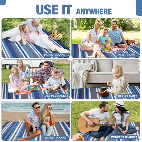 Picnic Blankets Outdoor Extra Large - 80"x80" Waterproof Beach Blanket, Machine Washable 3-Layer Foldable Park Mat with Sandproof Backing for Grass, Hiking, Travel, Concerts, Indoor (BlueStrip) - color: Blue