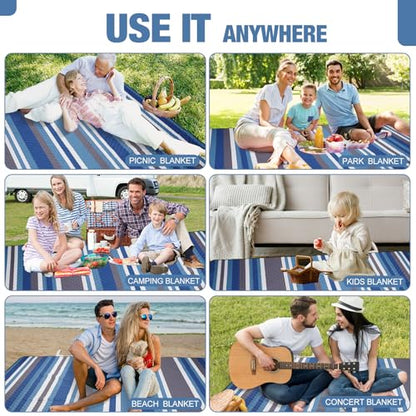 Picnic Blankets Outdoor Extra Large - 80"x80" Waterproof Beach Blanket, Machine Washable 3-Layer Foldable Park Mat with Sandproof Backing for Grass, Hiking, Travel, Concerts, Indoor (BlueStrip) - color: Blue