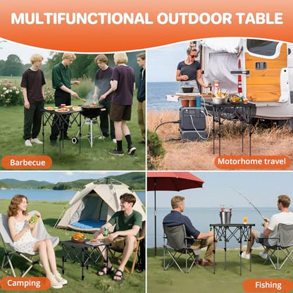 FUNYKICH Folding Camping Table(L19.9''xW16.1''), Aluminum Roll-up Portable Picnic Table with 2 Adjustable Height(17.3'' & 27.6'') for Picnic, Camping, BBQ, Party, Backyard, Beach - size: 19.9''L x 16''W x (28''/17.3'')H