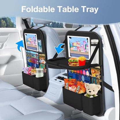 Car Backseat Organizer with table Tray(1Pack) 9 Storage Pockets Backseat Car Organizer with Tablet Holder, Back seat Organizer for Kids Road Trip Essentials Travel - style: 1Pack with Food Tray-Black