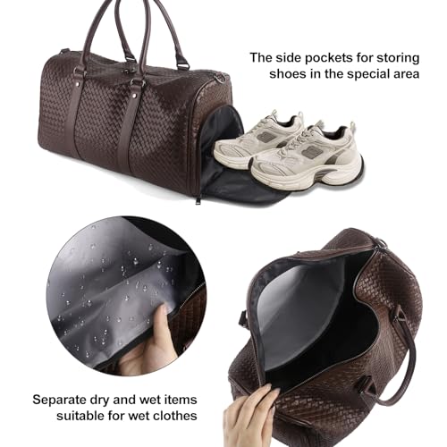 Weekender Bags for Women Woven Leather Travel Duffle Bag with Shoe Compartment, Carry On Garment Bag for Men Women, Large Capacity Water-resistant Gym Tote (Coffee) - color: Coffee