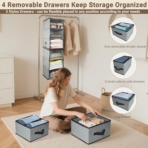 2-in-1 Durable 6-Tier Hanging Closet Organizer with 4 Removable Drawers,2 Separable 3-Tier Thickened Fabric Hanging Shelf Clothes Storage Organization Space-saving for Bedroom,Dorm,Guestroom,RV,Travel - style: Separable - 6 Tier by 2in1