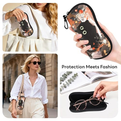 Sunglasses Case with Belt Clip, Ultra Light Neoprene Zipper Soft Padded Glasses Case for Women Men - color: Cute Black Kitty