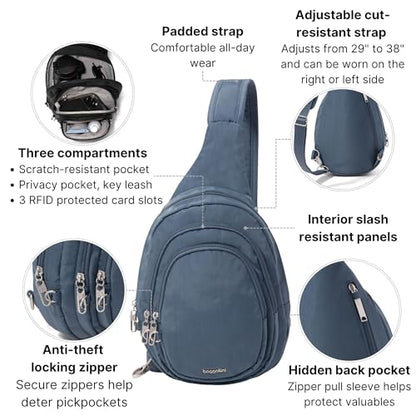 Baggallini Securtex® Anti-Theft Multi Zip Sling - Lightweight 8.6"x15.2" Travel Bag with Locking Zippers & RFID Protection - color: Mist