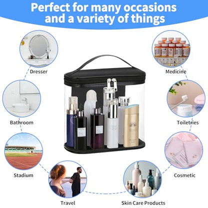 Heavy Duty Leak Proof Clear Travel Bags for Toiletries, Transparent Makeup Cosmetic Bag with Zipper and Handle (Large, Black) - color: Black