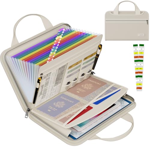 Tamfile Fireproof Accordion File Organizer with Handle, 13 Pocket Colorful Expanding File Folder with Zipper & Labels, File Folder with Multi-Pockets Paper Organizer Folder for Letter A4 Files (Beige) - color: Beige, style: Colour Pocket