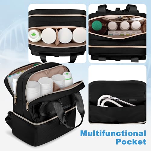 Fasrom Medicine Travel Bag Backpack with Insulated Compartment & Waterproof Mat, Double Layer Pill Bottle Organizer for Prescription, Vitamins and Medical Supplies, Black (Empty Bag Only) - color: Black