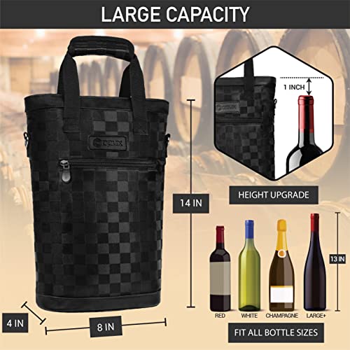 opux Two Bottle Wine Bag Carrier Tote, Insulated Leakproof 2 Bottle Wine Cooler Bag for Travel BYOB Picnic, Portable Wine Case, Gift for Men Women Wine Lover Birthday Party Christmas, Checker Black - color: Black Square