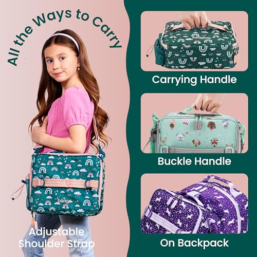 Bentgo Kids Lunch Bag - Durable, Double-Insulated Lunch Bag for Kids 3+; Holds Lunch Box, Water Bottle, & Snacks; Easy-Clean Water-Resistant Fabric & Multiple Zippered Pockets (Green Rainbow) - color: Green Rainbow