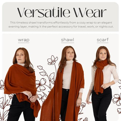 Velanio Cashmere 100% Cashmere Knitted Wrap Pashmina Shawl Extra Large Scarf Stole for Women Travel - color: Rust
