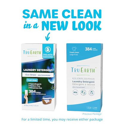 Tru Earth Compact Dry Laundry Detergent Sheets, Bulk, up to 768 Loads (384 Count) - Paraben-Free - Original Eco-Strip Liquidless Detergent, Travel Sheets - Fresh Linen - size: 384 Count (Pack of 1)