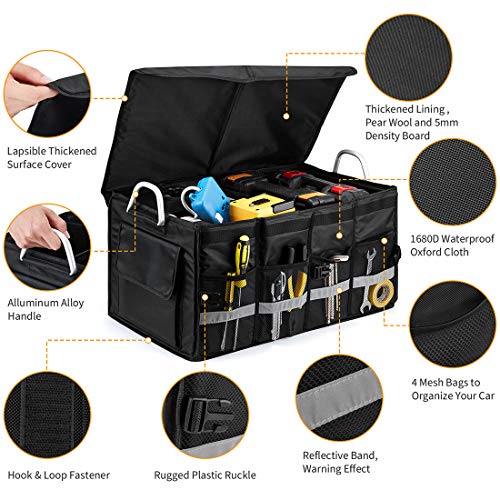 Car Trunk Organizer with Lid,Collapsible Car Trunk Storage Organizer,Multi-Compartment Car Organizer for auto, SUV, Truck, Minivan Black, X-Large
