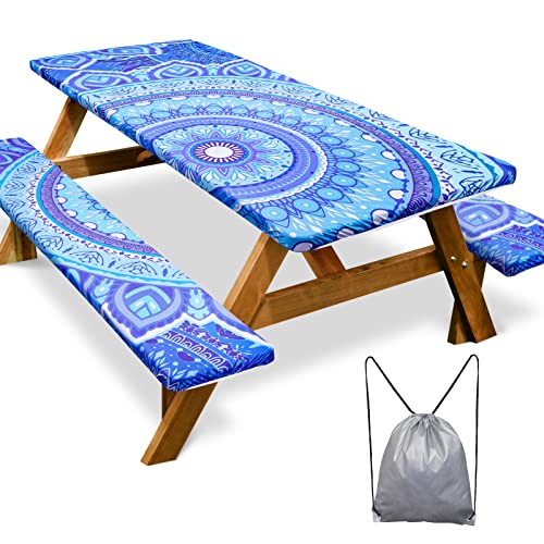 Picnic Table Cover with Bench Covers 6FT 3 Pcs Waterproof Windproof Aesthetic Camping Tablecloth with Drawstring Bag, Fitted for 6 Foot Rectangle Tables and Seats, 72 inch, Light Blue Purple - color: Light Blue Purple
