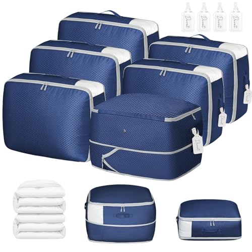 DIMJ Comforter Storage Bag 6 Pack - Blanket Storage Organizer Compression Bags, Large Capacity Ultra Space Saving Self Compression Organize for Bedding, Pillow, Duvet, Sheet Storage with Zipper Window - color: Navy Blue, size: 66L x 6 Pack