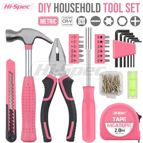 Hi-Spec Tool Set 25pc Pink Household DIY Tool Kit for Women. Small Mini Tool Box Set of Starter Basic Ladies Tools - color: Pale Pink, size: 25 Piece