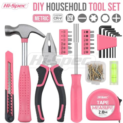 Hi-Spec Tool Set 25pc Pink Household DIY Tool Kit for Women. Small Mini Tool Box Set of Starter Basic Ladies Tools - color: Pale Pink, size: 25 Piece