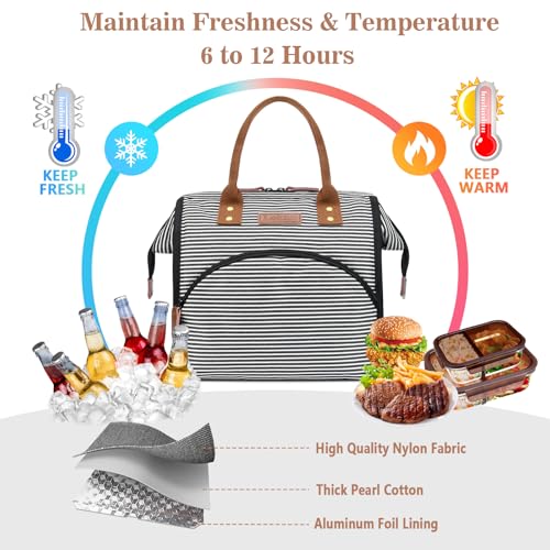 LOKASS Lunch Bag Insulated Lunch Box Wide-Open Lunch Tote Bag Large Drinks Holder Durable Canvas Thermal Snack Organizer for Women Men Adults Work Picnic Hiking Beach Fishing,Stripes - color: Classic Stripe