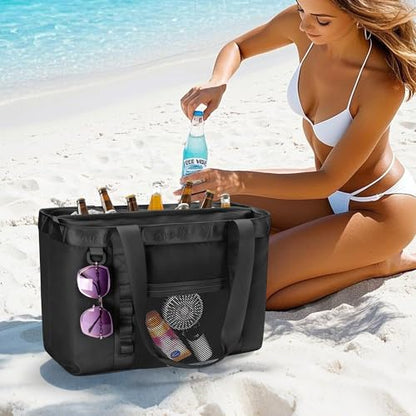 Yarwo Beach Bag for Women, Sandproof Swim Tote Bag with Cooler Compartment and Wet & Dry Pockets for Pool Cruise Vacation - color: Black