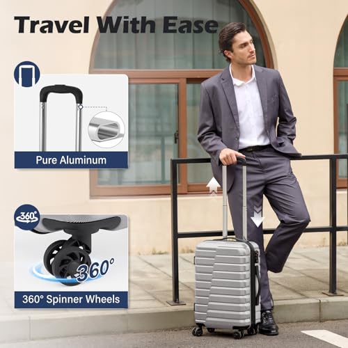 Coolife Carry On Luggage Airline Approved with Wheels Hard Shell Suitcase Spinner TSA Lock Telescopic Handle 20-inch,Silver - color: sliver, size: Small(20in)