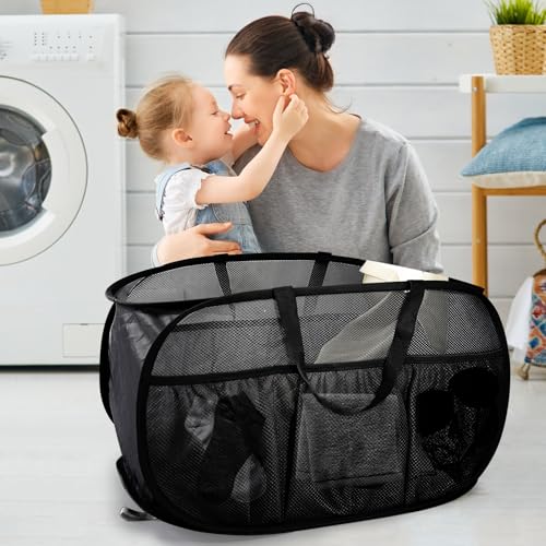 Collapsible Laundry Baskets, Upgrade Pop Up Laundry Hamper with Convenient Bags, Foldable Laundry Basket Mesh Light Weight, Easy to Carry Clothes Hampers for Laundry, Dorm, Toys, Travel Black - color: Black
