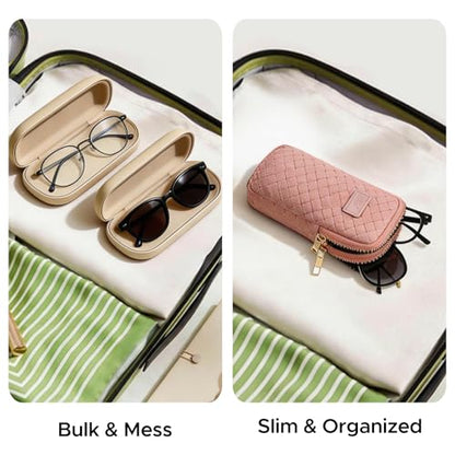 KINIVA Double Eyeglass Case for Men Women, 2-in-1 PU Dual Sunglasses Case, Scratch-Proof Travel Eyeglass Holder for Purse Car - style: Pink Woven