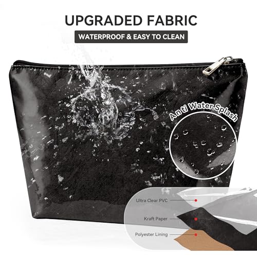 WLLWOO PVC Waterproof Makeup Bag Kraft Paper Cosmetic Bag Travel Toiletry Zipper Pouch Organizer for Women Purse - color: PVC-Black