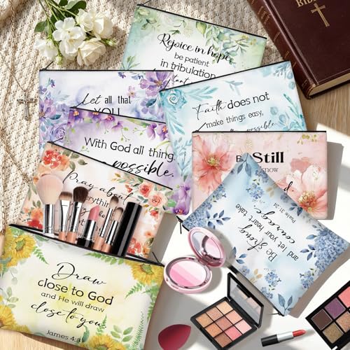 30 Pcs Christian Makeup Bags with Inspirational Flower Religious Gift Bible Verse Zipper Makeup Pouches Bulk Canvas Cosmetic Bag for Women Church Travel Appreciation - style: Religious