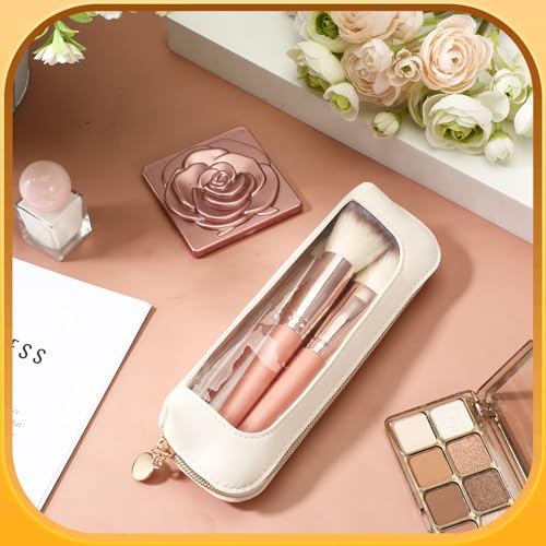 Skrfren Small Clear Makeup Pouch, PU Leather Mini Makeup Pouch Portable Travel Mini Cosmetic Bag, Waterproof Cosmetic Organizer Pouchs with Zipper for Women Home Travel Office Storage, White