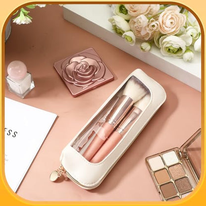 Skrfren Small Clear Makeup Pouch, PU Leather Mini Makeup Pouch Portable Travel Mini Cosmetic Bag, Waterproof Cosmetic Organizer Pouchs with Zipper for Women Home Travel Office Storage, White