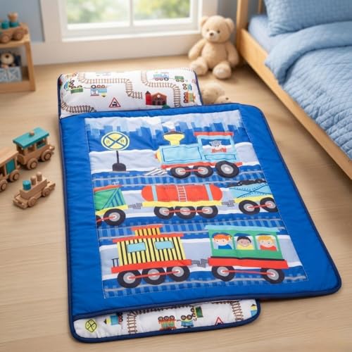 EVERYDAY KIDS Toddler Nap Mat with Removable Pillow -Choo Choo Train- Carry Handle with Fastening Straps Closure, Rollup Design, Soft Microfiber for Preschool, Daycare, Sleeping Bag - Ages 2-6 Years - color: Choo Choo Train