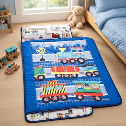EVERYDAY KIDS Toddler Nap Mat with Removable Pillow -Choo Choo Train- Carry Handle with Fastening Straps Closure, Rollup Design, Soft Microfiber for Preschool, Daycare, Sleeping Bag - Ages 2-6 Years - color: Choo Choo Train