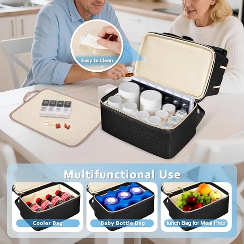 Fasrom Medicine Travel Bag Backpack with Insulated Compartment & Waterproof Mat, Double Layer Pill Bottle Organizer for Prescription, Vitamins and Medical Supplies, Black (Empty Bag Only) - color: Black