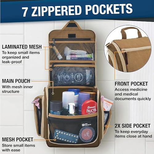 D&D Wanderlust D&D Hanging Travel Toiletry Bag for Men and Women – Cosmetics, Makeup and Toiletries Organizer Kit with 10 Compartments - color: Brown