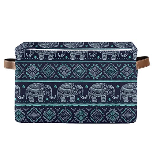 Vintage Indian Ethnic Elephant Square Storage Basket Bin Canvas Fabric Compressible Organizer Basket with Handle for Bedroom Nursery Office, 1PCS - color: Elephant