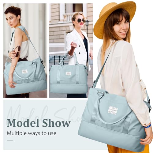 Weekender Bags for Women,Personal Item Travel Bag with Shoes Compartment,Overnight Travel Duffel Bag with Toiletry Bag - color: Light Blue, size: Large