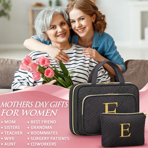 Gifts for Women, Initial Toiletry Makeup Bag Hanging Cosmetic Organizer with Embroidery Letter Personalized Nurse Teacher Appreciation Birthday Mothers Day Gifts for Mom Sister Wife Friends Auntie Her - style: E