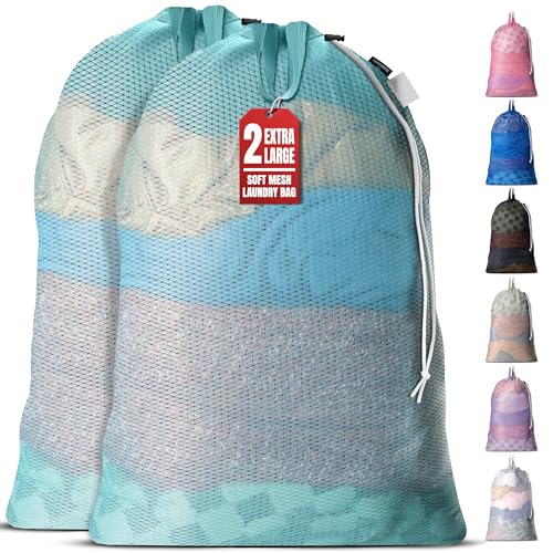 Handy Laundry Mesh Laundry Bags 24 x 36 Inches, 2-Pack - Extra Large Heavy Duty Bag with Handles & Shoulder Strap, Breathable, Machine Washable for Dorm, Travel, Bedding & Storage - Teal - color: Teal, size: 2-Pack