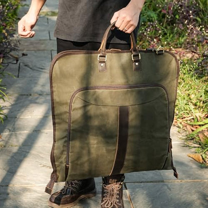 Polare Waxed Canvas Full Grain Leather Trim Garment Carry On Bag for Travel, Foldable Hanging Suitcase Weekender Dust-Proof Garment Waterproof Cover with YKK Zipper and Adjustable Strap (Army Green) - color: Army Green