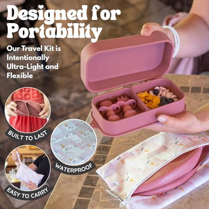 Baby Travel Essentials 6 Pc Silicone Feeding Set - Portable Toddler Plates with Suction, Baby Spoons & Foldable Bib in Carrying Case - BPA-Free Infant & Toddler Utensils for Airplanes & Eating Out - color: Dark Pink