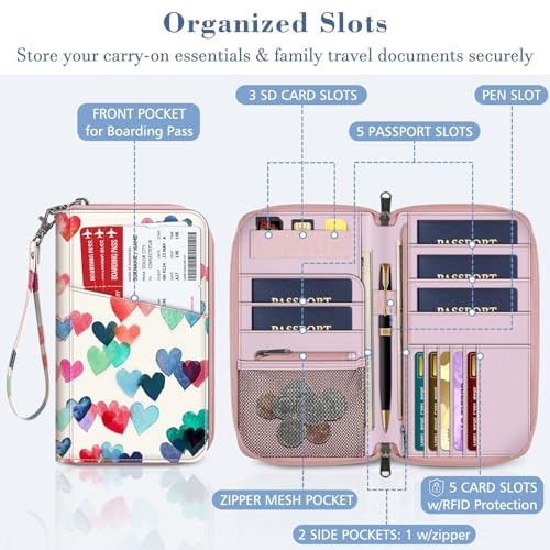 Fintie Family Passport Holder Wallet, RFID Blocking Travel Document Organizer Clutch Bag Credit Cards Case Cover for Women Men - color: Raining Hearts