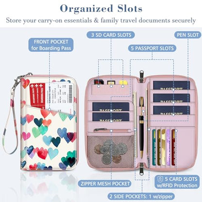 Fintie Family Passport Holder Wallet, RFID Blocking Travel Document Organizer Clutch Bag Credit Cards Case Cover for Women Men - color: Raining Hearts