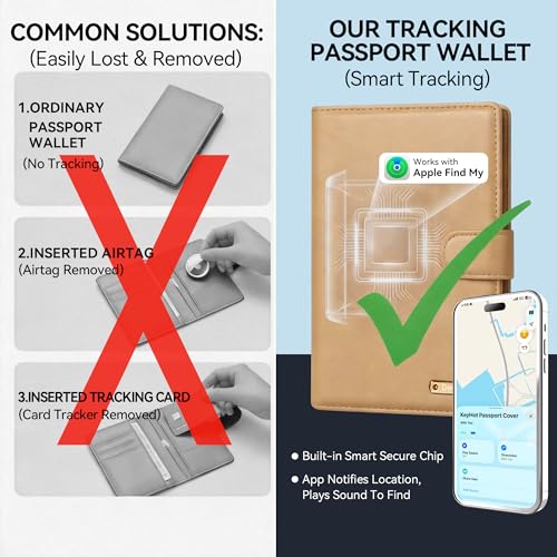 Passport Holder for Travel, Apple MFi Certified Smart Passport Cover Works with Find My, Rechargeable Travel Wallet with Lanyard, RFID Blocking Card Case, PU Leather, Brown - color: Brown, size: Find My-A