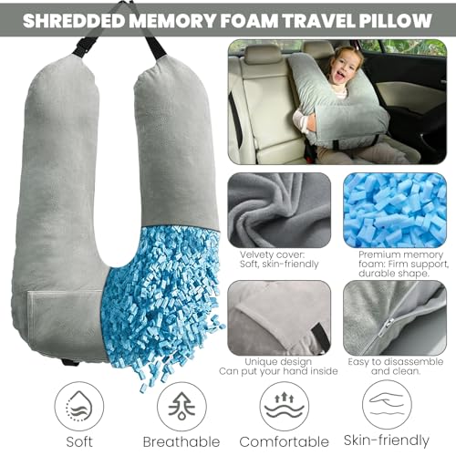 Travel Pillow, Car Pillow for Kids & Adults, Kid Travel Sleeping Pillows for Neck & Body Support, Car Travel Essentials Pillow on Road Trips, Gray - color: Gray