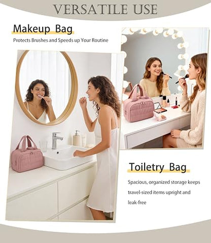 Travel Toiletry Bag for Women, Large Wide-open Puffy Cosmetic Makeup Bag with Wet-Dry Separation, Multi-Pocket Organizer with Carry Handle for Toiletries, Cosmetics, Essentials, Dark Pink - color: Dark Pink